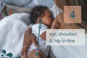 Good breastfeeding latch example: Baby breastfeeding with lined up ear, shoulder, and hip.